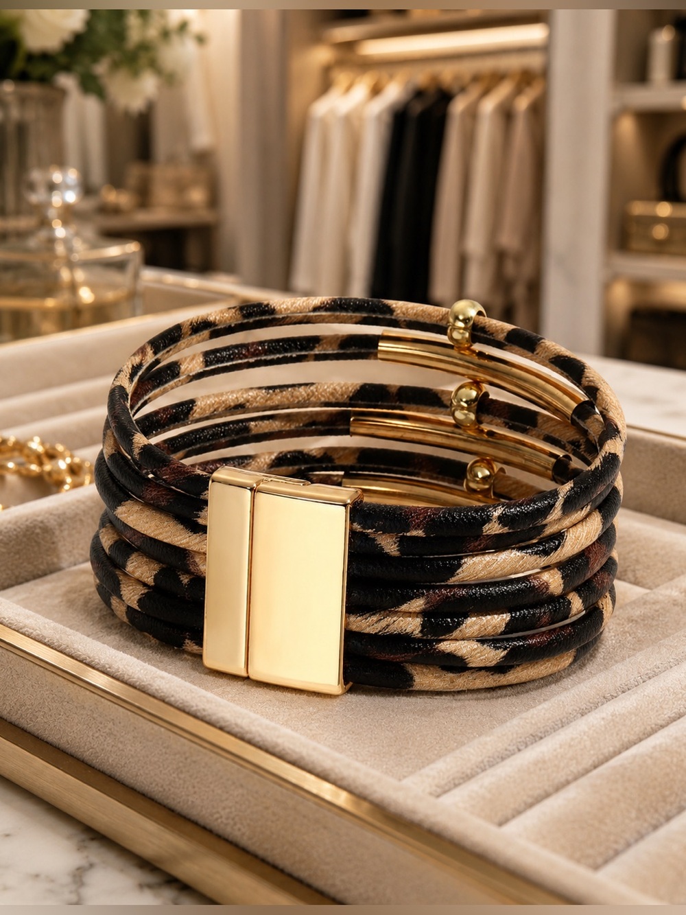 Private Label Leopard-Print Wrap Bracelet with Gold Magnetic Clasp